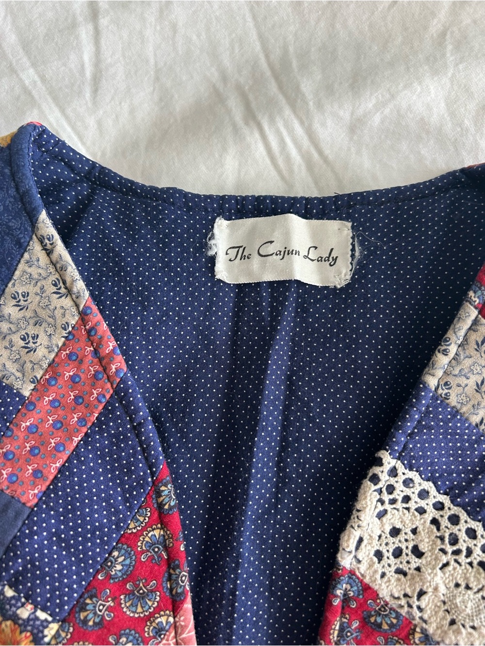 Patchwork Vintage Handmade Quilted Vest in Navy, Red, Cream Floral - Picture 4 of 9